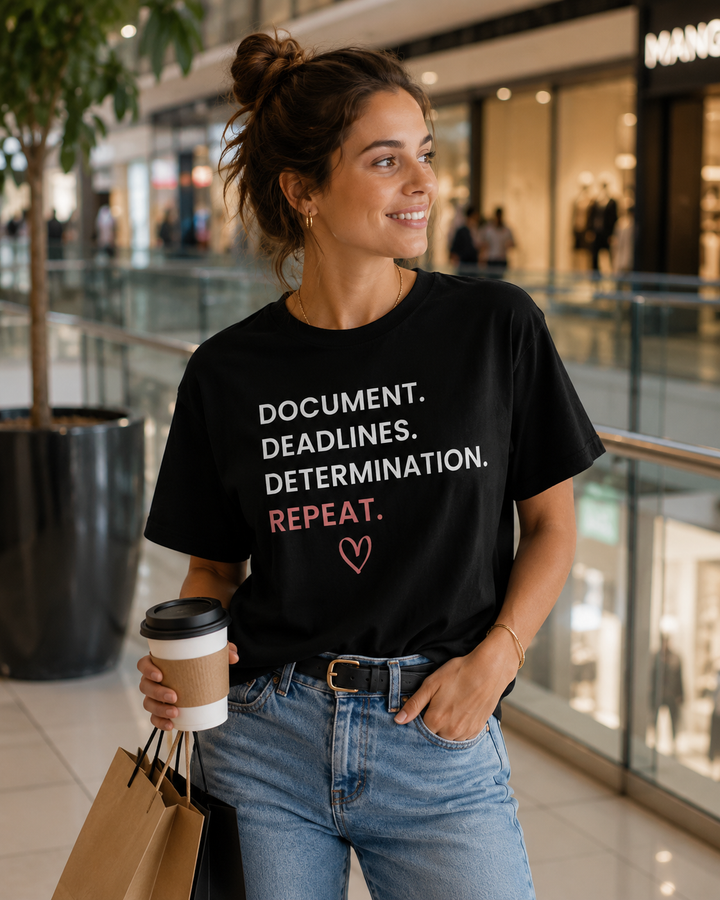 Document. Deadlines. Determination. Repeat. Tee (Black) | Verified Society.Co