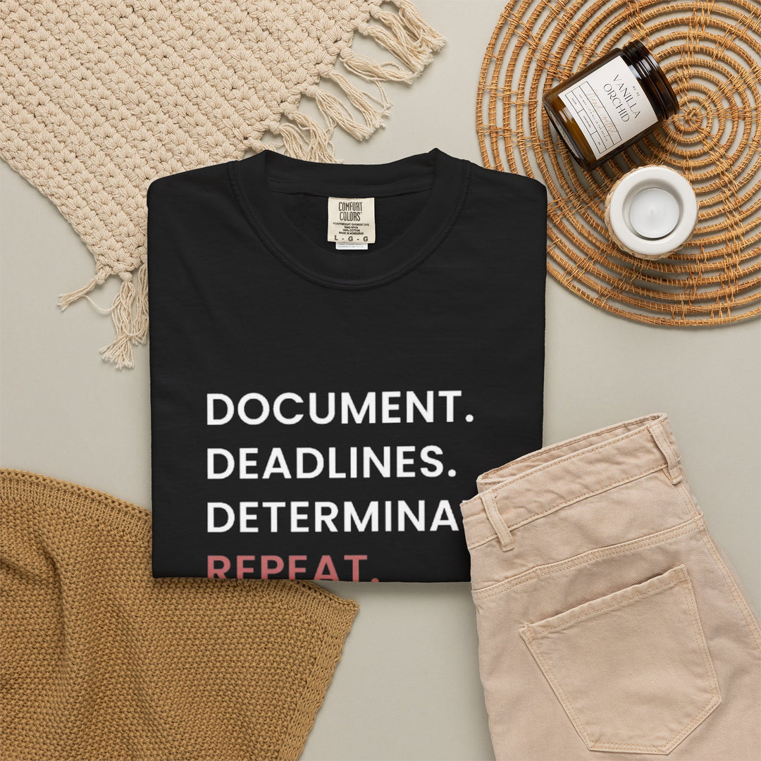 Document. Deadlines. Determination. Repeat. Tee (Black) | Verified Society.Co